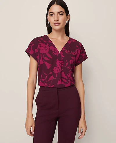 Ann Taylor Petite Floral Mixed Media Pleat Front Top Poised Plum Women's