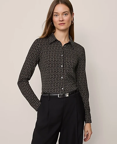Ann Taylor Petite Chain Link Button Down Shirt Size XS Black Women's