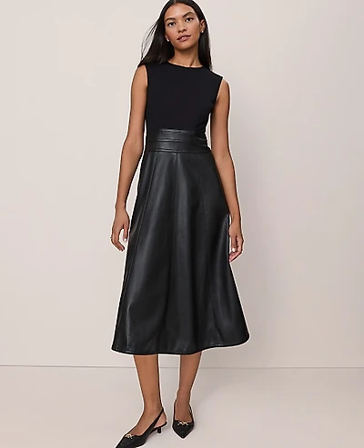 Ann Taylor Mixed Media Flare Midi Dress Size 0 Black Women's