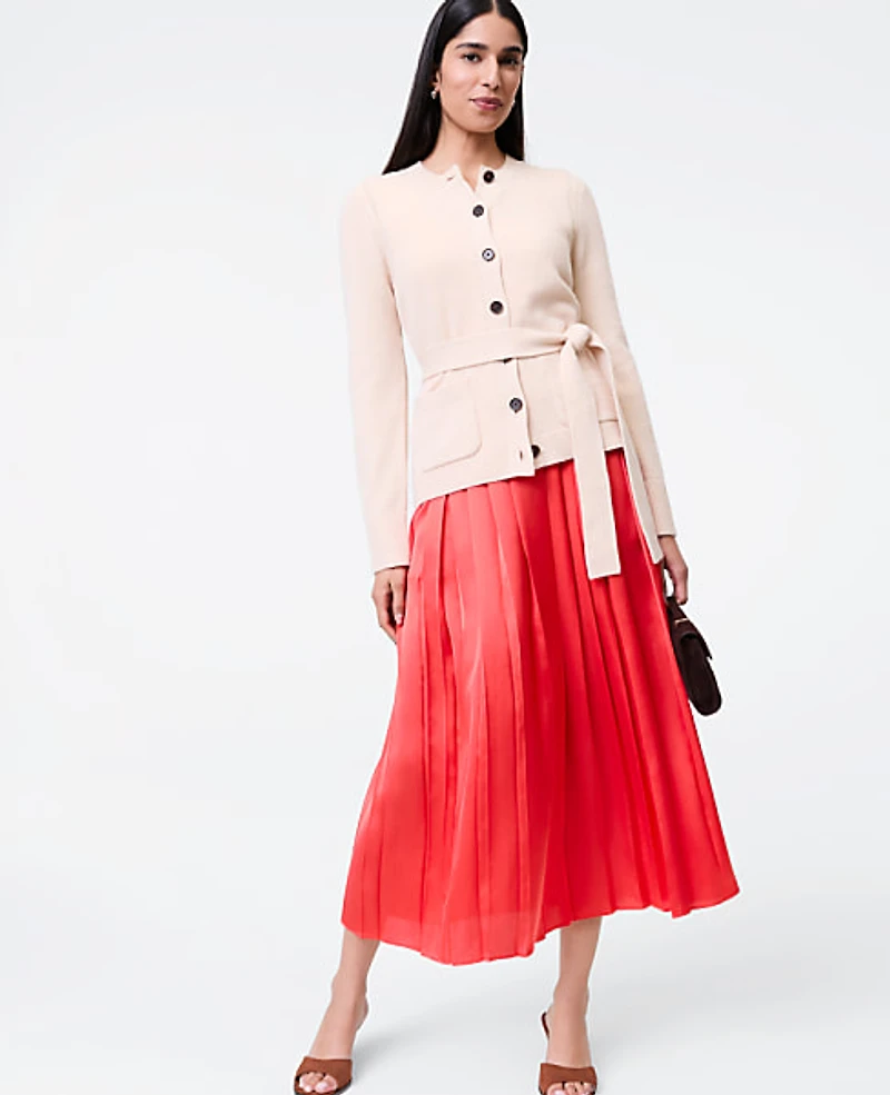 Ann Taylor Satin Pleated Midi Skirt Fiery Sunset Women's
