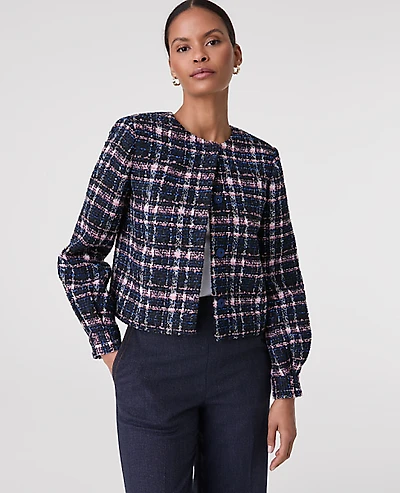 Ann Taylor The Crew Neck Jacket Plaid Tweed Pink/Blue Women's