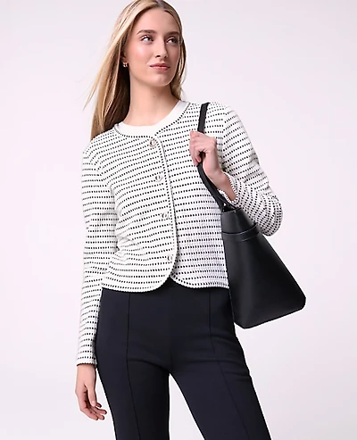 Ann Taylor Weekend Striped Knit Jacket Ivory/Navy Multi Women's
