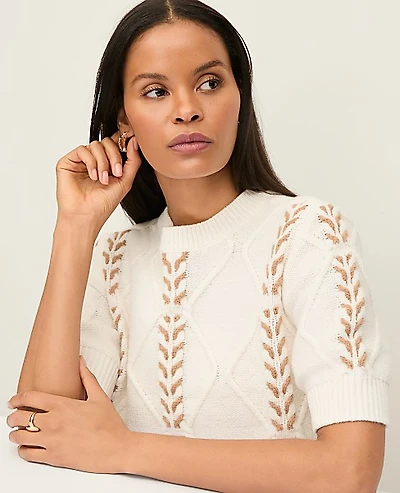 Ann Taylor Contrast Stitch Cable Sweater Winter White Women's