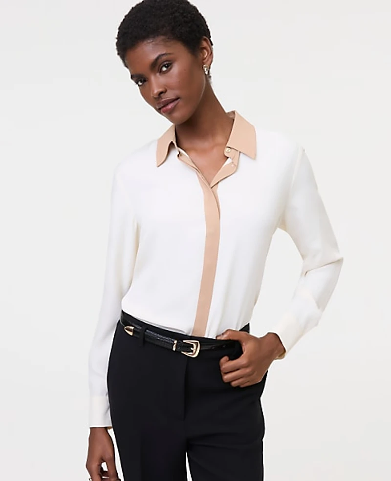 Ann Taylor Contrast Trim Satin Modern Shirt Creamy White Women's