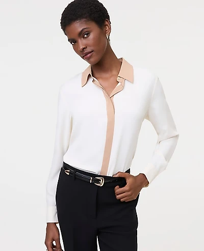 Ann Taylor Contrast Trim Satin Modern Shirt Creamy White Women's