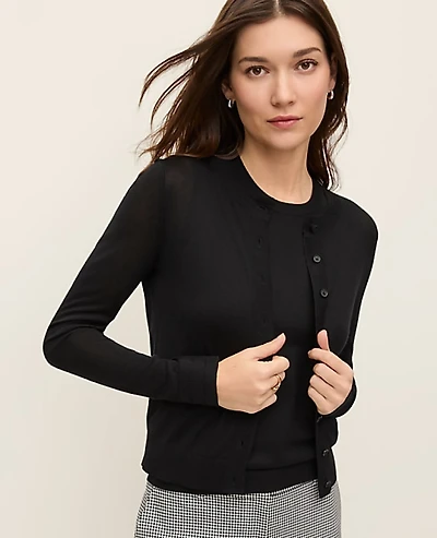 Ann Taylor Pointelle Trim Cardigan Black Women's