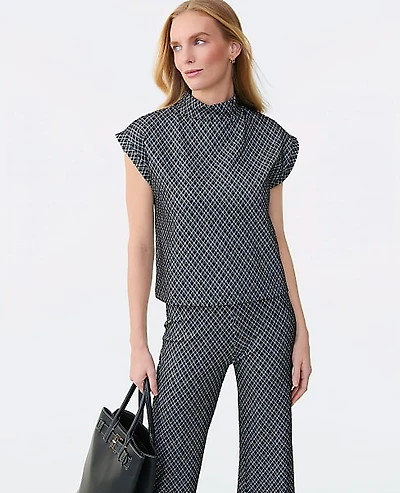 Ann Taylor Plaid Ponte Mock Neck Top Black Women's