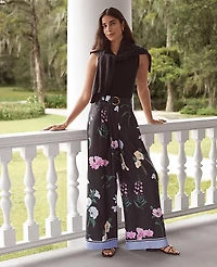 Ann Taylor The Floral Pleated Wide-Leg Pant Satin Black Women's
