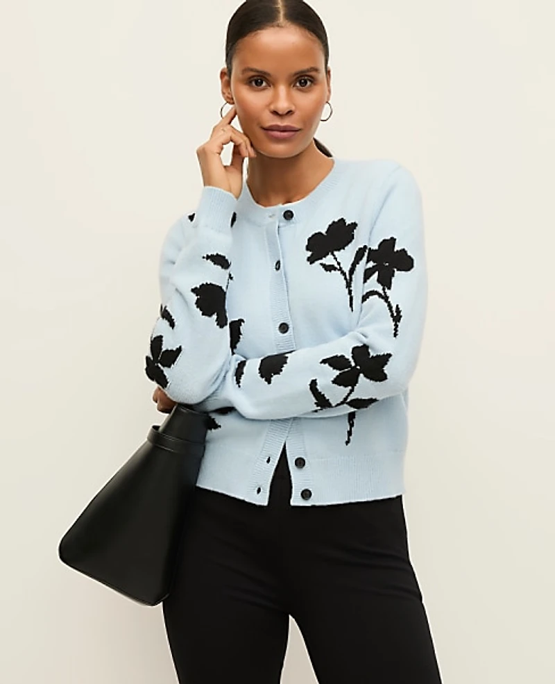 Ann Taylor Floral Jacquard Cardigan Cashmere Blue Women's