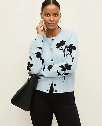 Ann Taylor Floral Jacquard Cardigan Cashmere Blue Women's