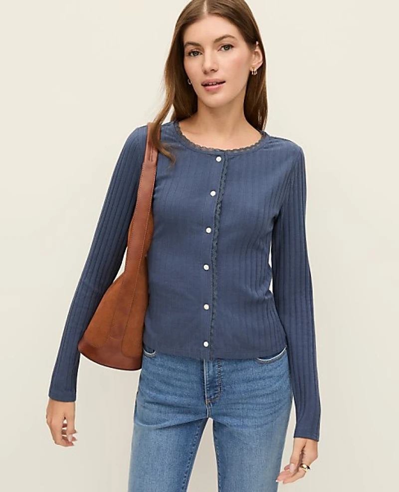 Ann Taylor Weekend Lace Trim Pointelle Cardigan Subdued Navy Women's