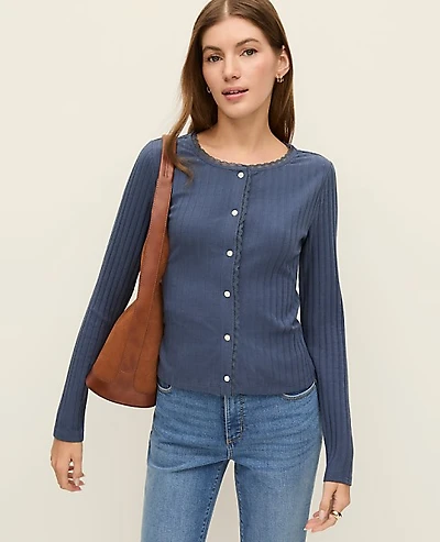Ann Taylor Weekend Lace Trim Pointelle Cardigan Subdued Navy Women's