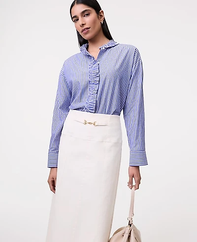 Ann Taylor Striped Ruffle Shirt Blue White Stripe Women's