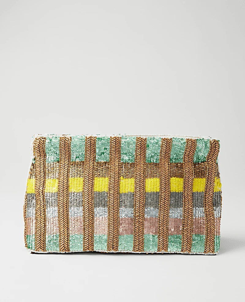 Ann Taylor Striped Sequin Clutch Handbag Pink Petal Women's