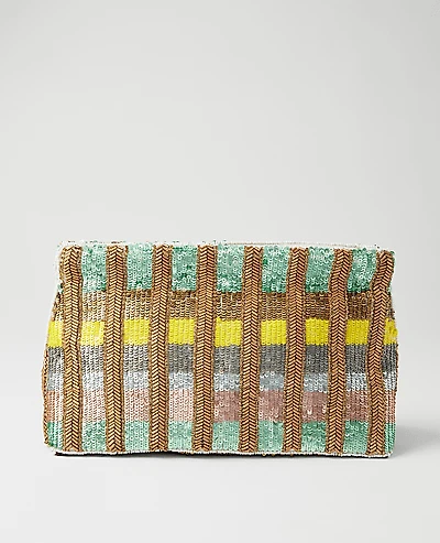 Ann Taylor Striped Sequin Clutch Handbag Pink Petal Women's