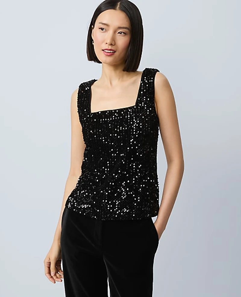 Ann Taylor Petite Sequin Velvet Tank Top Black Women's