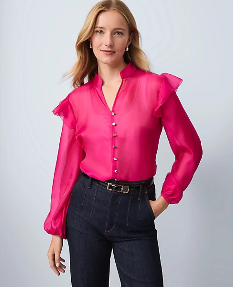 Ann Taylor Petite Ruffle Trim Blouse Electric Pink Women's