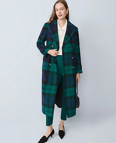 Ann Taylor Petite Plaid Fitted Double Breasted Coat Rainforest Women's