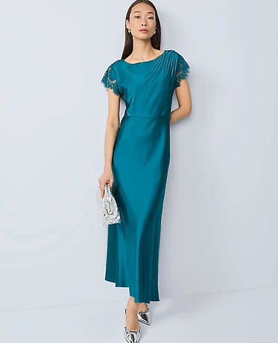 Ann Taylor Petite Lace Trim Satin Midi Dress Size 00 Pacific Shore Women's