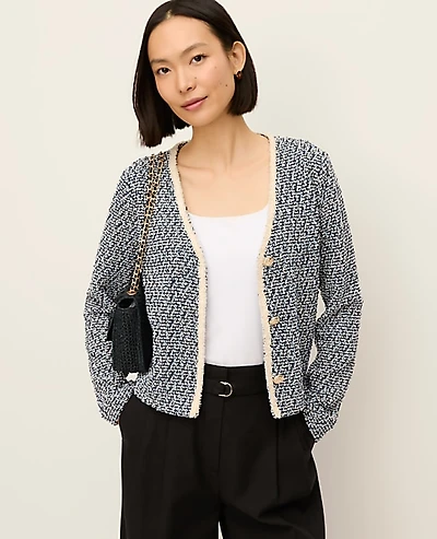 Ann Taylor Cropped Tweed Jacket Size XS Blue Multi Women's