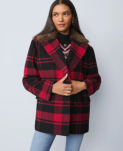 Ann Taylor Petite Weekend Plaid Faux Fur Trimmed Peacoat Black Women's