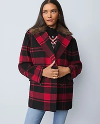 Ann Taylor Petite Weekend Plaid Faux Fur Trimmed Peacoat Black Women's