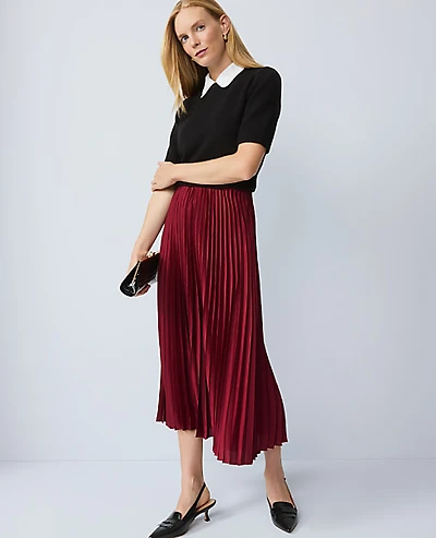 Ann Taylor Satin Pleated Midi Skirt Cherry Pie Women's