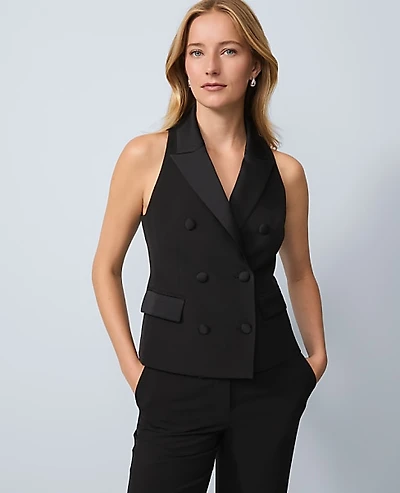 Ann Taylor The Petite Double Breasted Vest in Crepe Size 12 Black Women's