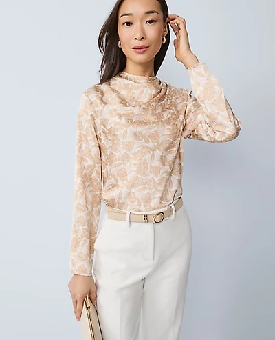 Ann Taylor Floral Asymmetric Satin Top Size XL Cafe Au Lait Women's