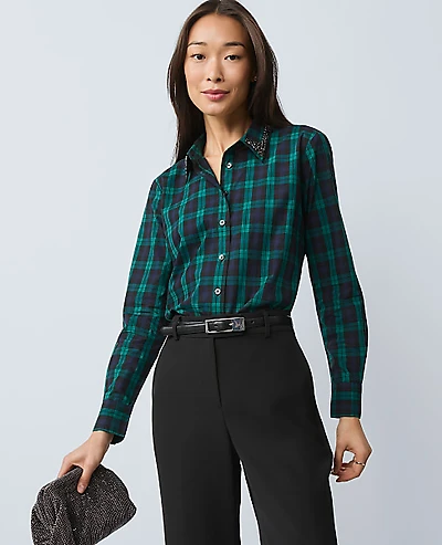 Ann Taylor Embellished Plaid Relaxed Perfect Shirt Rainforest Women's