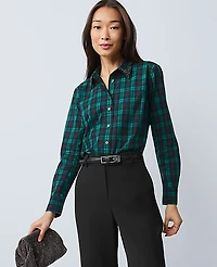 Ann Taylor Embellished Plaid Relaxed Perfect Shirt Rainforest Women's
