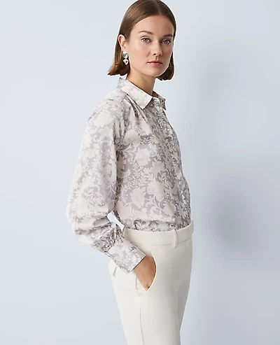 Ann Taylor Floral Satin Button Down Shirt Size Large Magnesium Women's
