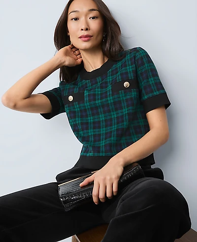 Ann Taylor Petite Plaid Sweater Trim Top Pure Sapphire Women's