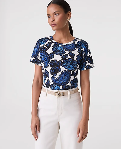 Ann Taylor Paisley Crew Neck T-Shirt Night Sky Women's