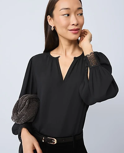Ann Taylor Petite Lace Trim Mixed Media Blouse Size 2XS Black Women's