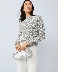 Ann Taylor Petite Leopard Print Sweater Medium Heather Grey Women's
