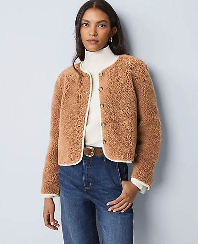 Ann Taylor Weekend Sherpa Crew Neck Jacket Flower Pot Women's