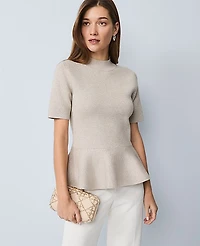 Ann Taylor Metallic Peplum Top Size Small Pale Sand Heather Women's