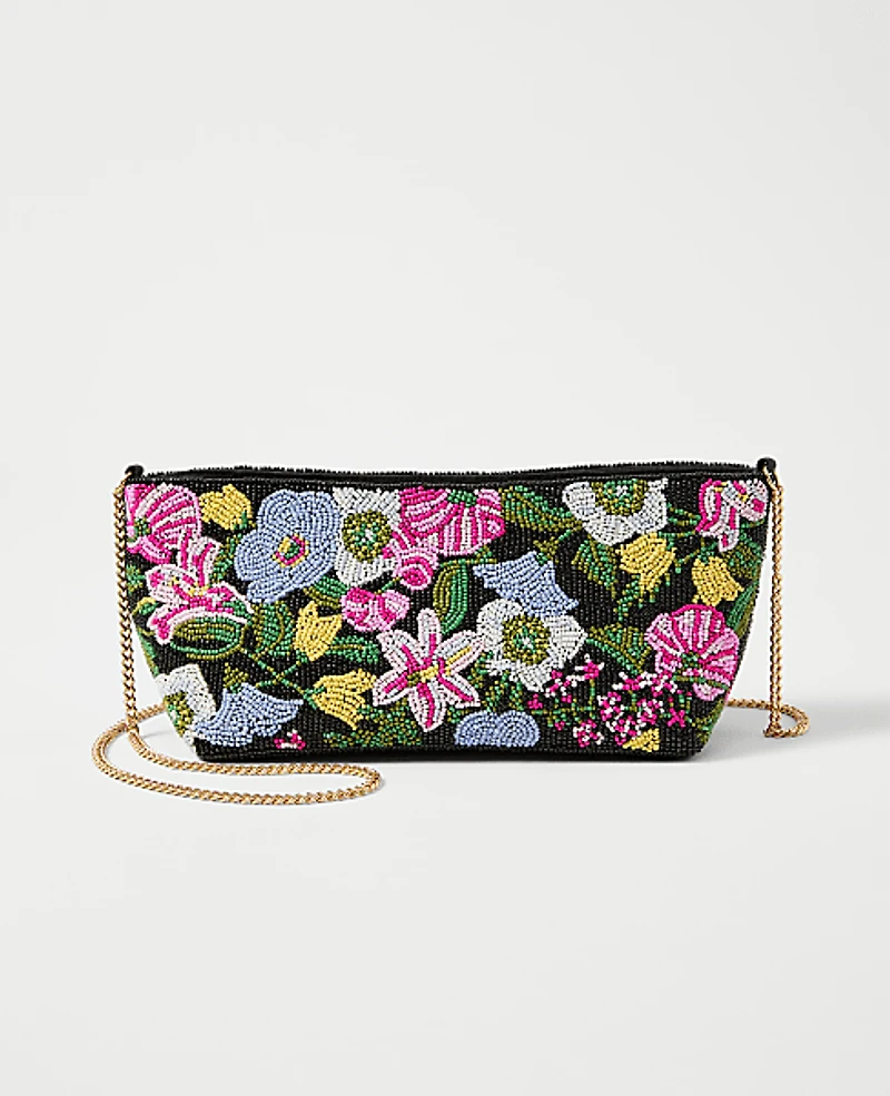 Ann Taylor Beaded Floral Clutch Handbag Black Women's