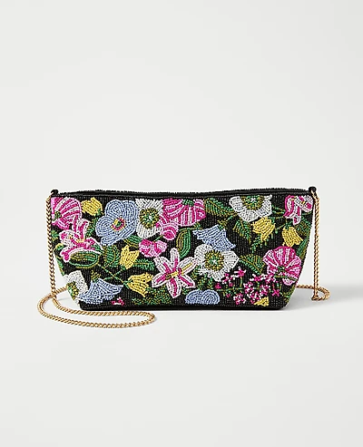 Ann Taylor Beaded Floral Clutch Handbag Black Women's