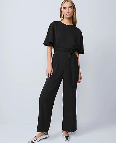 Ann Taylor Petite Belted Wide Leg Jumpsuit Size 0 Black Women's