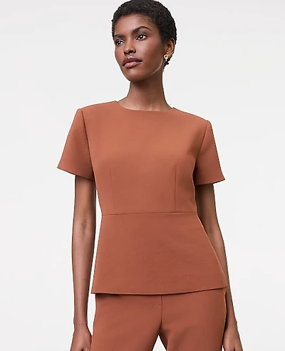 Ann Taylor The Petite Crew Neck Peplum Top Textured Crepe Tortoise Shell Brown Women's