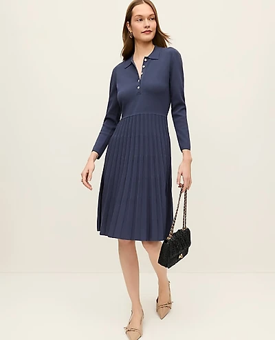 Ann Taylor Petite Pleated Polo Midi Dress Subdued Navy Women's