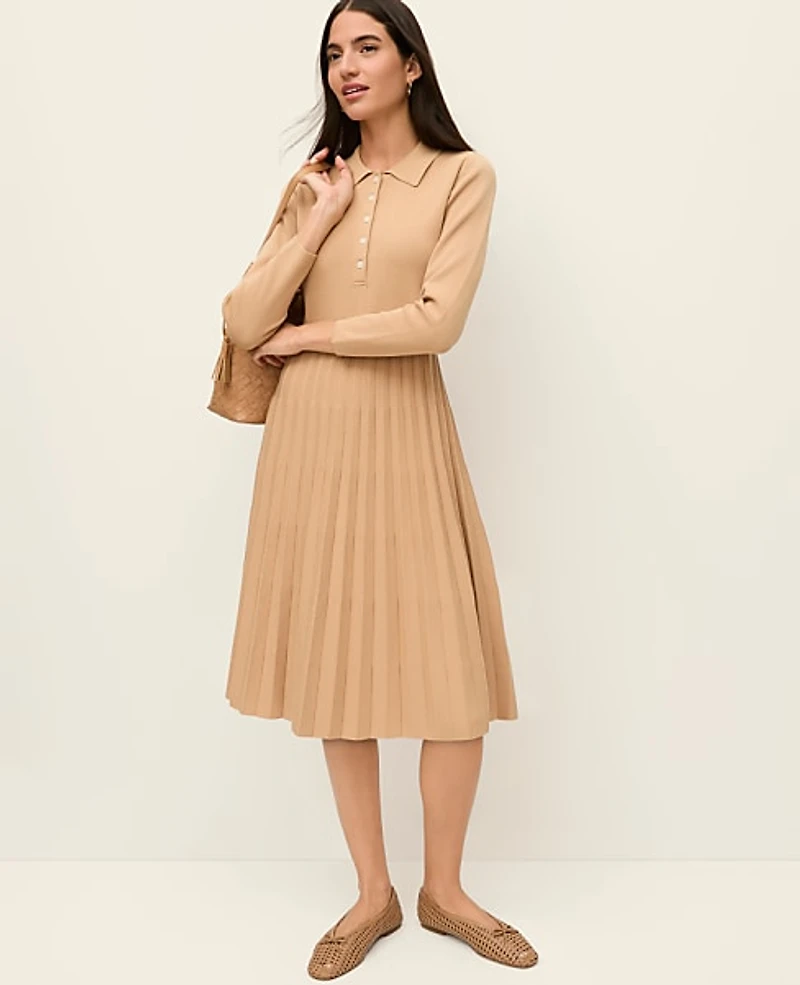 Ann Taylor Petite Pleated Polo Midi Dress Size Large Cafe Au Lait Women's