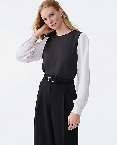 Ann Taylor Petite Colorblock Crew Neck Blouse Black Women's