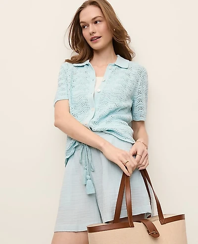 Ann Taylor Pointelle Short Sleeve Cardigan Women's