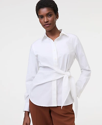 Ann Taylor Petite Tie Waist Button Down Shirt White Women's
