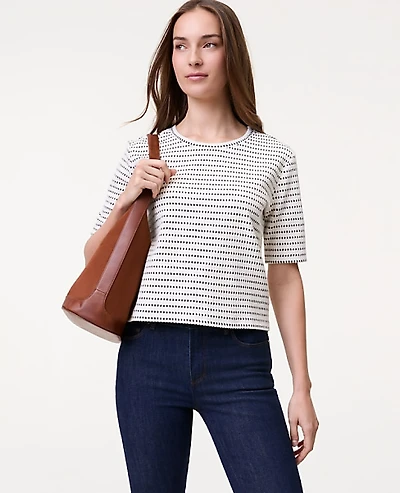 Ann Taylor Weekend Striped Crew Neck Top Size Medium Ivory/Navy Multi Women's