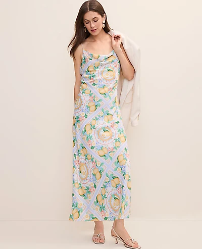 Ann Taylor Lemon Print Cowl Neck Slip Dress Satin Multi-Please Use B Version Women's