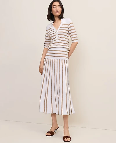 Ann Taylor Striped A-Line Sweater Midi Skirt White Women's